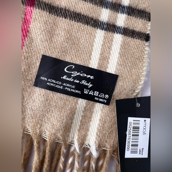 CEJON Scarf Tan Plaid Fringe Soft Made in Italy 11" x 65" - Picture 2 of 5